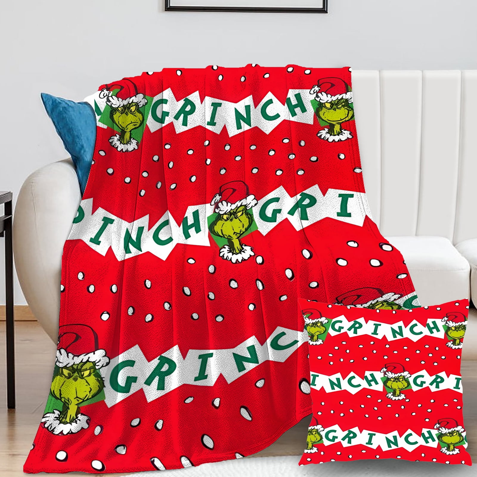2Packs/Set Grinch Blanket with Grinch Pillow Case Lightweight Plush