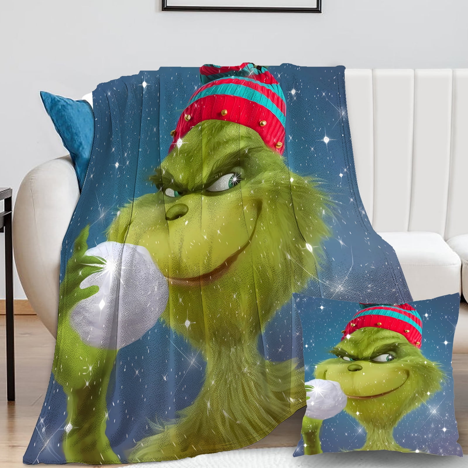 2Packs/Set Grinch Blanket with Grinch Pillow Case Night Plush Teenage Christmas blanket Merry