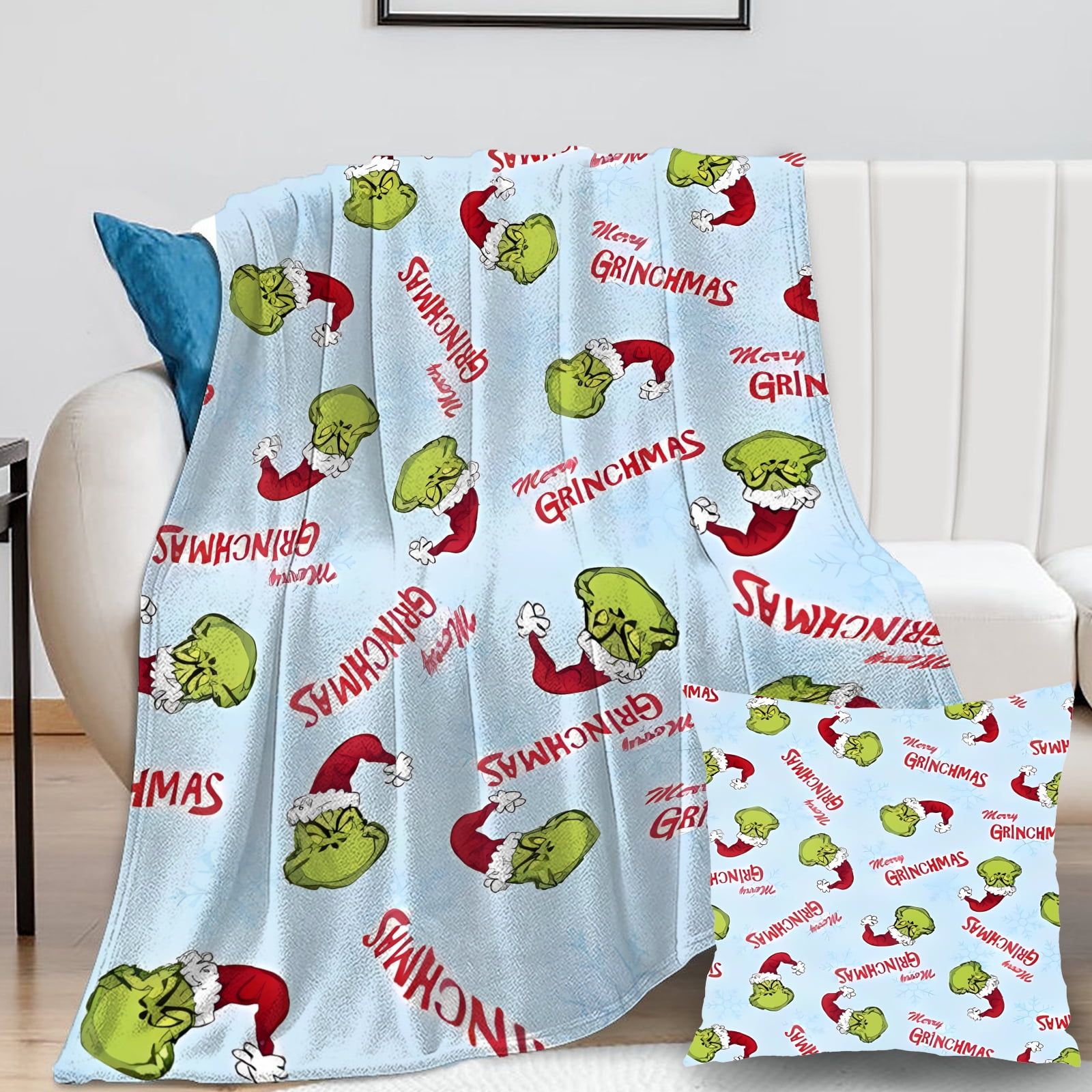 2Packs/Set Grinch Blanket with Grinch Pillow Case Warmth Plush Adult
