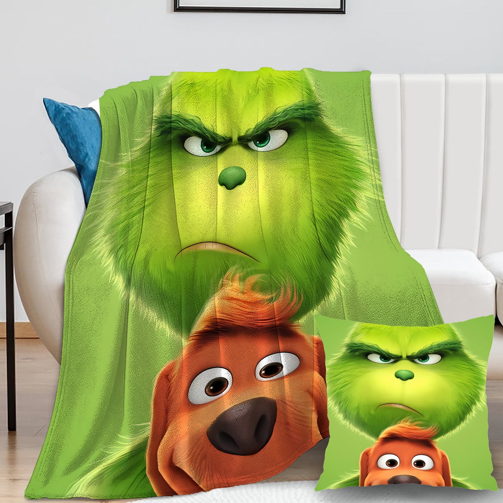 2Packs/Set Grinch Blanket with Grinch Pillow Case Washable Plush