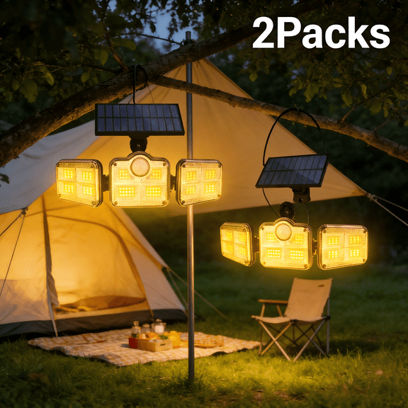 2Packs Solar Lights Outdoor Waterproof, 50000 LM 122 LED Motion Sensor Outdoor Lights, 3 Heads Solar Powered Security Flood Light Motion Detected Spotlight for Patio Garage Yard Entryways