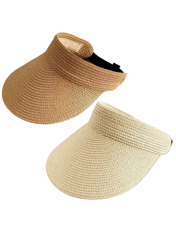 2Packs Womens Sun Visor Hat Straw Sun Visors for Women Summer Packable Ponytail Beach Hats for Women Travel UPF 80+