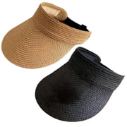 Packable Ponytail UPF 80+ Straw Summer Beach Travel Womens Sun Visor Hat, Black, One Size, 2 Packs