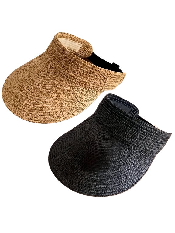 Packable Ponytail UPF 80+ Straw Summer Beach Travel Women's Sun Visor Hat, Black, One Size, 2 Packs
