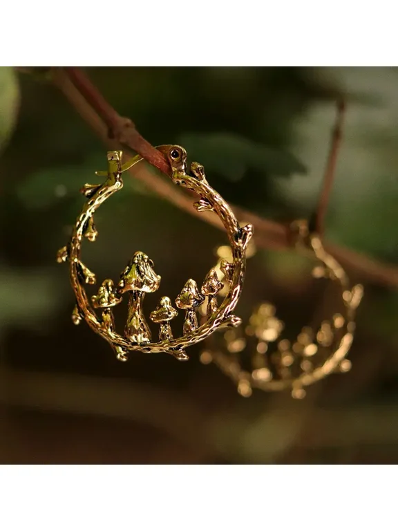 2Pair Ancient Golden Color Tree Branch Hoop Earrings Carved Ancient Metal Mushroom Tribal Drop Dangle Earrings for Women Jewelry