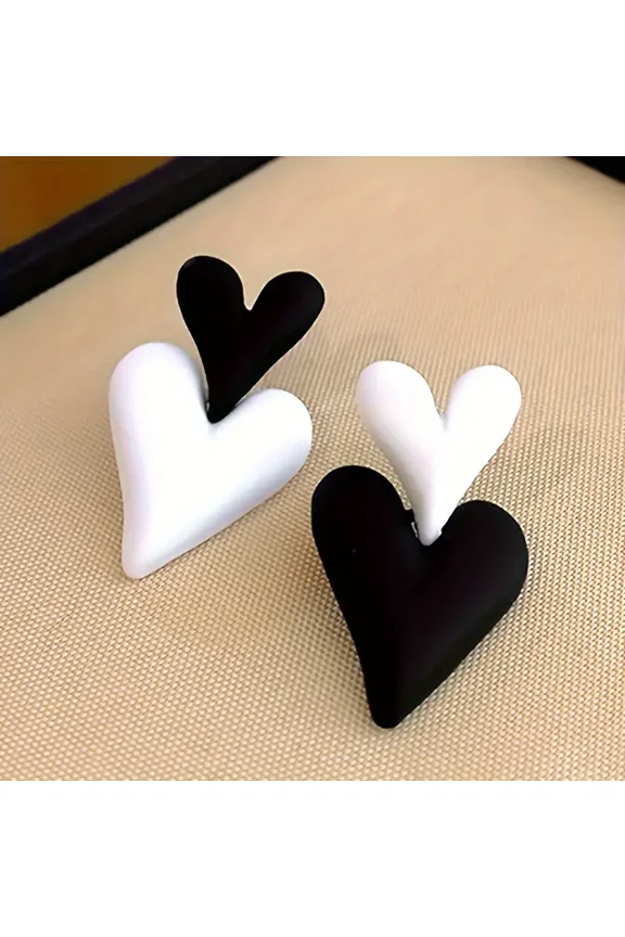 2Pair Chic Black & White Heart-Shaped Alloy Stud Earrings - Vintage Minimalist Style for Casual Attire