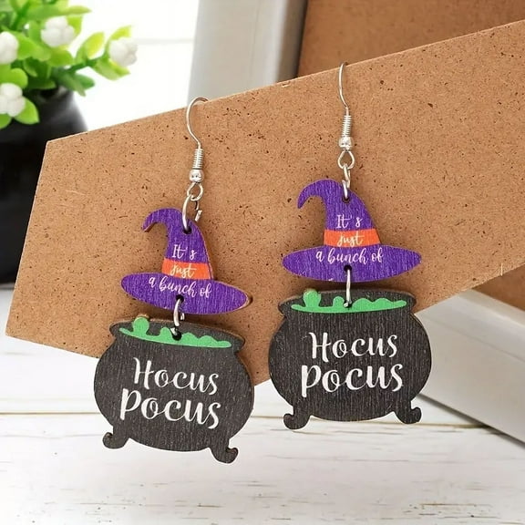 2Pair Festive Witch Hat and Cauldron Earrings: Perfect for Party or Everyday Wear - Handcrafted Wooden Jewelry
