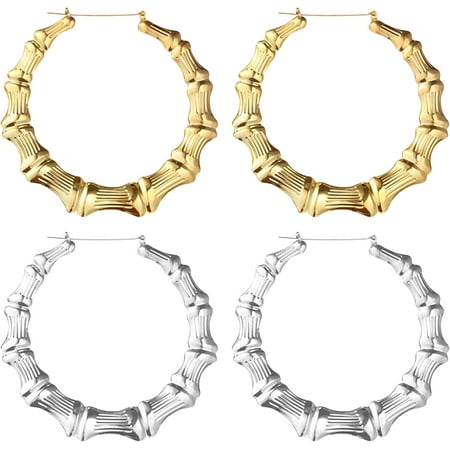 2Pair Pro Big Bamboo Hoop Earrings, Jewelry Bamboo Earrings, Bamboos Earrings Oversized Hoop, Hip-Hop Statement Hoop Earrings for Daily Party Accessory(Gold, Sliver)[n998]