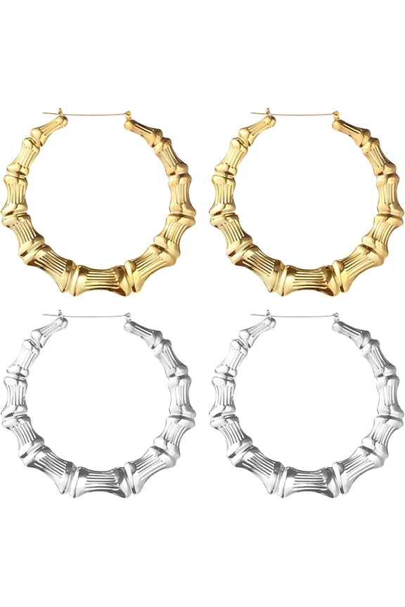 2Pair Pro Big Bamboo Hoop Earrings, Jewelry Bamboo Earrings, Bamboos Earrings Oversized Hoop, Hip-Hop Statement Hoop Earrings for Daily Party AccessoryGold, Sliver[n998]