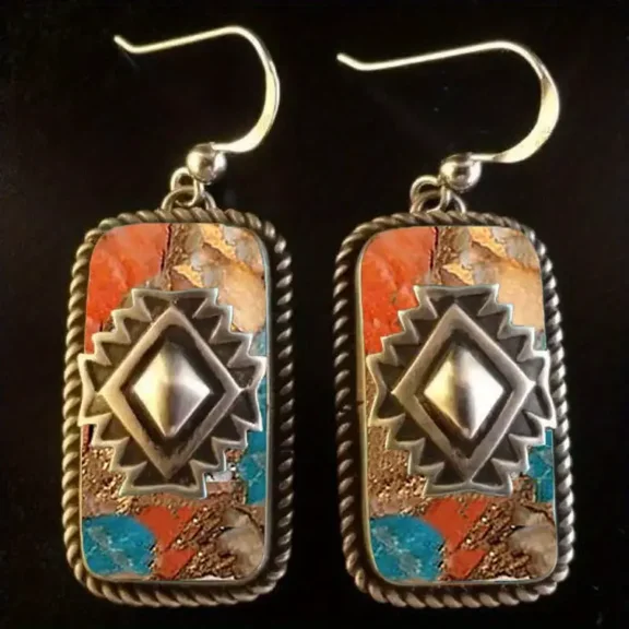 2Pair  Retro Bohemian Blue Turquoise Like Resin Square Dangle Earrings For Men And Women