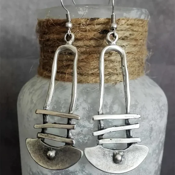 2Pair Silvery Stairs Half Circle Geometric Pendant Earrings, Boho Vintage Fashion Jewelry Gifts For Women
