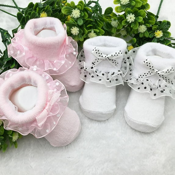 2Pairs Baby Girls Socks Children Princess Bowknot Lace Flowers Short Socks Cotton Ruffle Frilly Trim Ankle Socks 0-6M