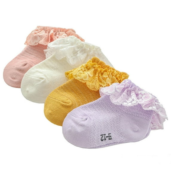 2Pairs Baby Girls Socks Children Princess Bowknot Lace Flowers Short Socks Cotton Ruffle Frilly Trim Ankle Socks 1-2Y