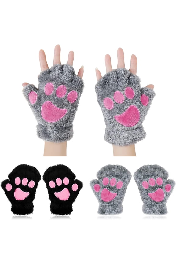 2Pairs Cat Claw Paw Winter Plush Half Finger Gloves Mitten For Girls