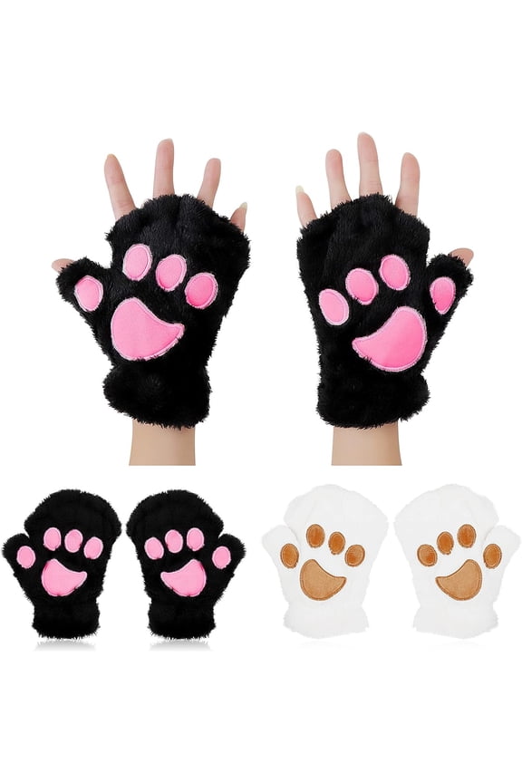 2Pairs Cat Claw Paw Winter Plush Half Finger Gloves Mitten For Girls