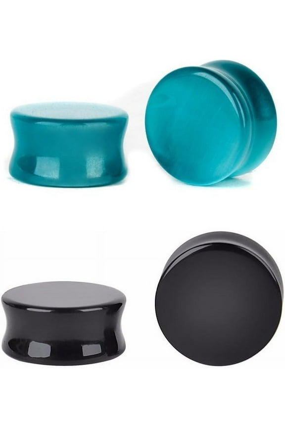 2Pairs Cats Eye Organic Stone & Black Onyx Ear Plugs Gauges Tunnel Expanders Double Flared Piercings Body