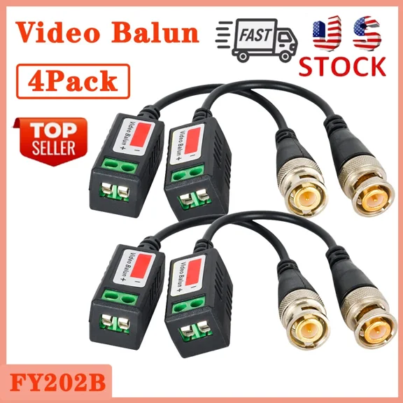 2Pairs Cctv Camera Passive Video Balun Bnc Connector Coaxial Cable Adapter Us