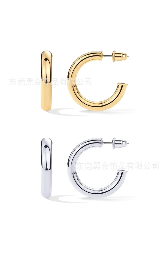 2Pairs Chunky Hoop Earrings for Women, 30mm Diameter, 14K Gold Plated, Lightweight Sterling Silver Post, Hypoallergenic Earrings Gift