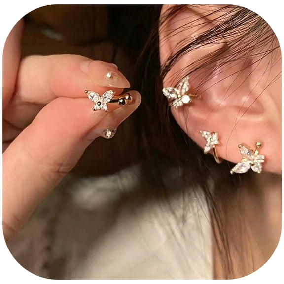 2Pairs Ear Cuff Earrings for Women Non Piercing Rhinestone Cuff Butterfly Cartilage Earrings Lightweight Jewelry Gift