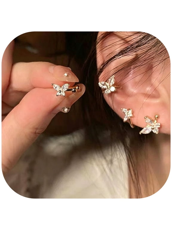 2Pairs Ear Cuff Earrings for Women Non Piercing Rhinestone Cuff Butterfly Cartilage Earrings Lightweight Jewelry Gift