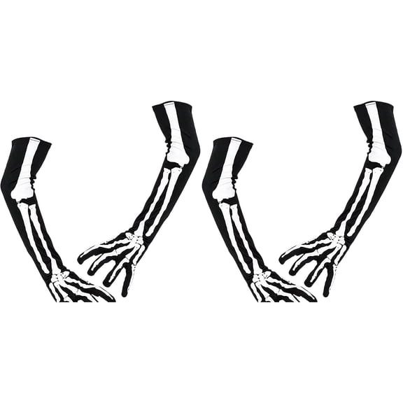 2Pairs Halloween Skeleton Gloves, Full Finger Skull Bone Handwear with Printed Skeletal Details, Accessory for Cosplay Party, Gothic Themed Events, Stage Performance, Trick or Treat