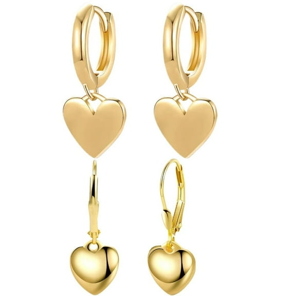 2Pairs Heart Dangle Earrings for Women, 14K Gold Plated Huggie Hoop Hypoallergenic 12mm Charm, Gift Ready Jewelry or Valentine’s & Birthday