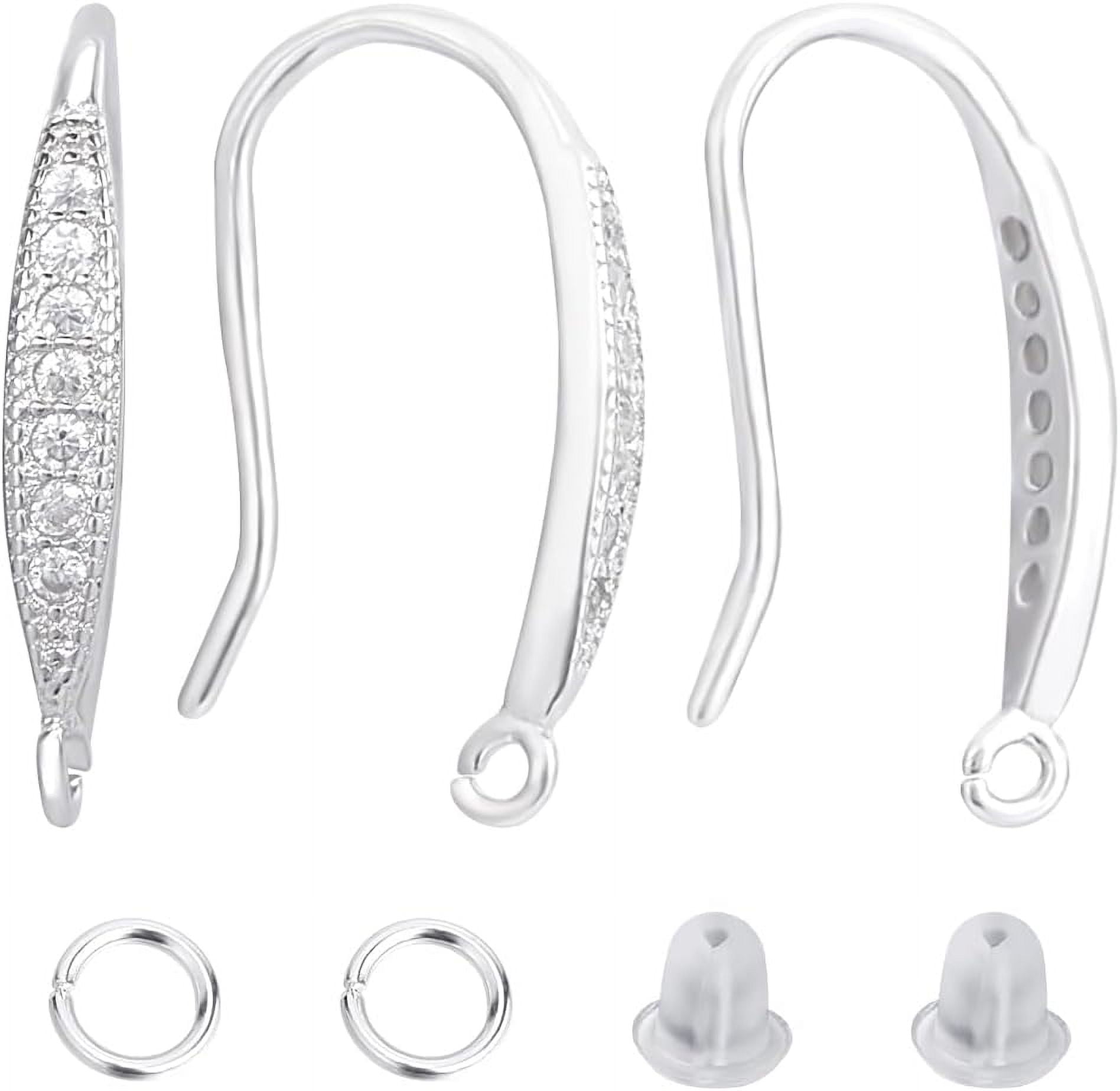 2Pairs Rhodium Plated 925 Sterling Silver Earring Hooks Ear Wire with 925 Stamp with Cubic Zirconia & 10Pcs Plastic Ear Nuts & 10Pcs Brass Jump Rings Real Platinum Plated 20 Gauge