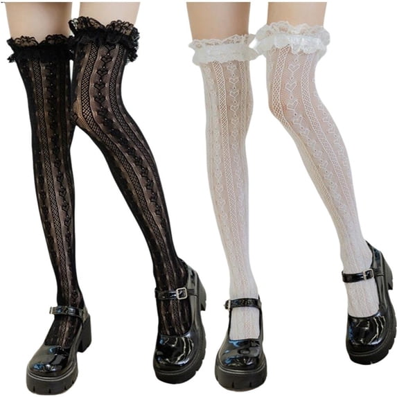 2Pairs Thigh High Socks Japanese Long Socks Cute Lace Socks Lolita Style for Dance Parties