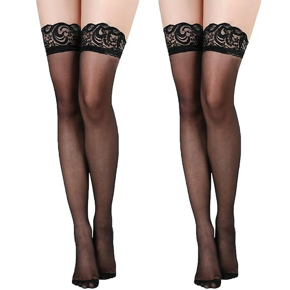 2Pairs Thigh High Stockings Silicone Lace Top Stay Up Silky Semi Sheer Pantyhose for Women Hold Up Nylon