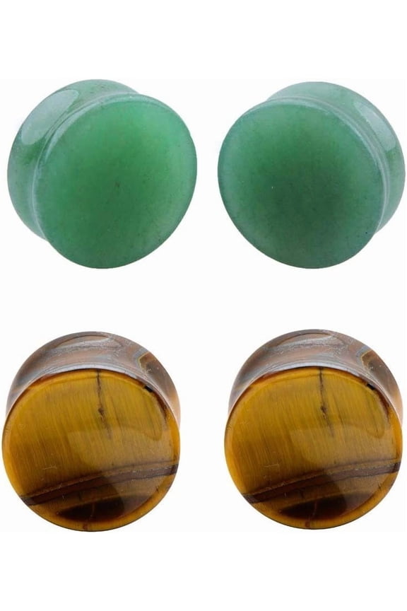 2Pairs Tiger Eyes & Green Jade Ear Plugs Natural Stone Gauges Tunnel Expanders Double Flared Body Piercings