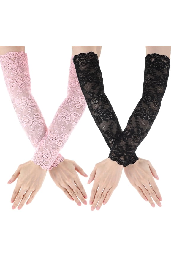 2Pairs Women Lace Arm Sleeves, Long Fingerless Sun UV Protection Sleeves Summer Cooling Arm Mesh Sleeves for Women,Girls Outdoor Activities Christmas Halloween Costume Accessories (Black&Pink)