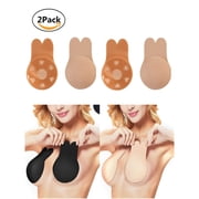 2Pairs Womens Rabbit Ear Invisible Lifting Bras Reusable Silicone Nipple Covers Push Up Backless Bra Beige, Cup C/D