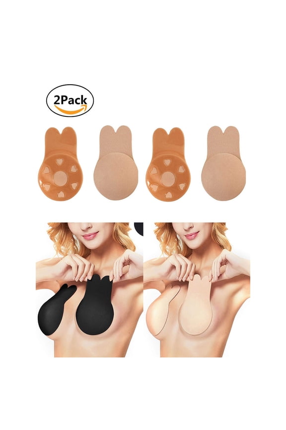 2Pairs Women's Rabbit Ear Invisible Lifting Bras Reusable Silicone Nipple Covers Push Up Backless Bra "Beige, Cup C/D"