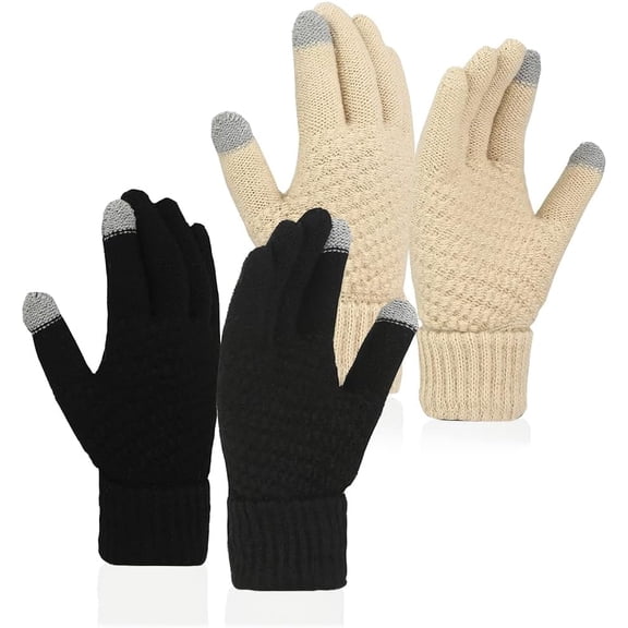 2Pairs Women's Winter Gloves Touchscreen Warm Wool Fleece Lined Knit Glove,Touch Screen Elastic Cuff Texting Thermal Gloves
