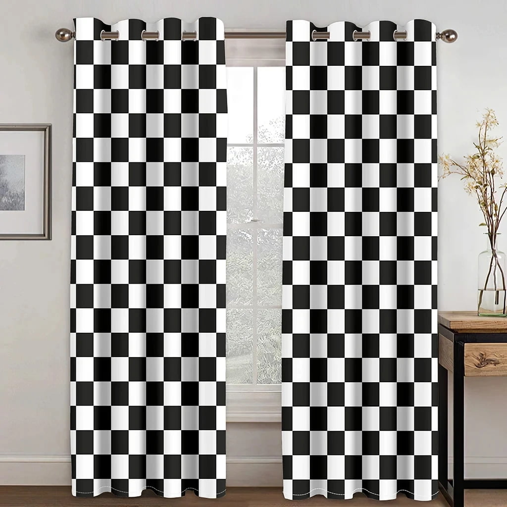 2Panels Dizzy n Black and White Lattice Abstract Windows Curtains for