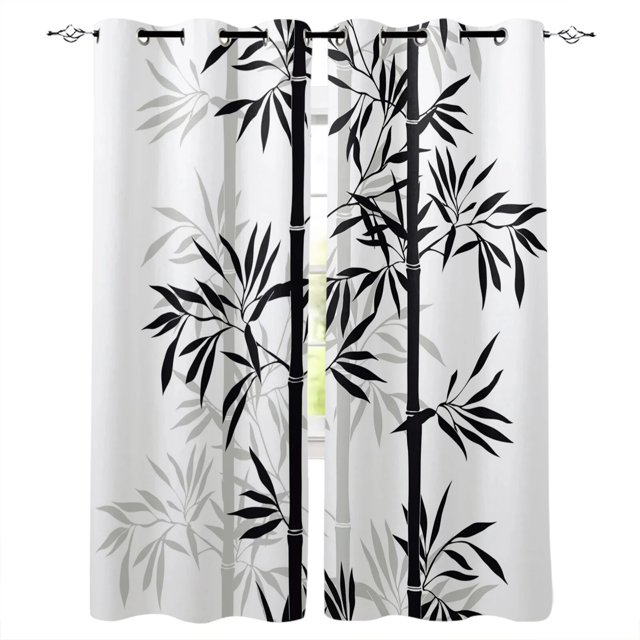 2Panels Green Bamboo Leaves Curtains for Living Room Modern Kitchen