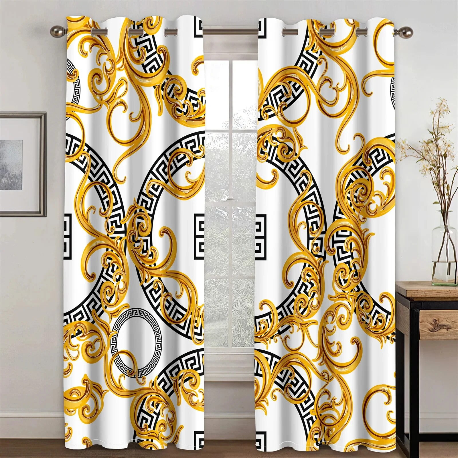2Panels Luxe Living Curtain Black Gold Curtain Abstract Pattern Printed ...