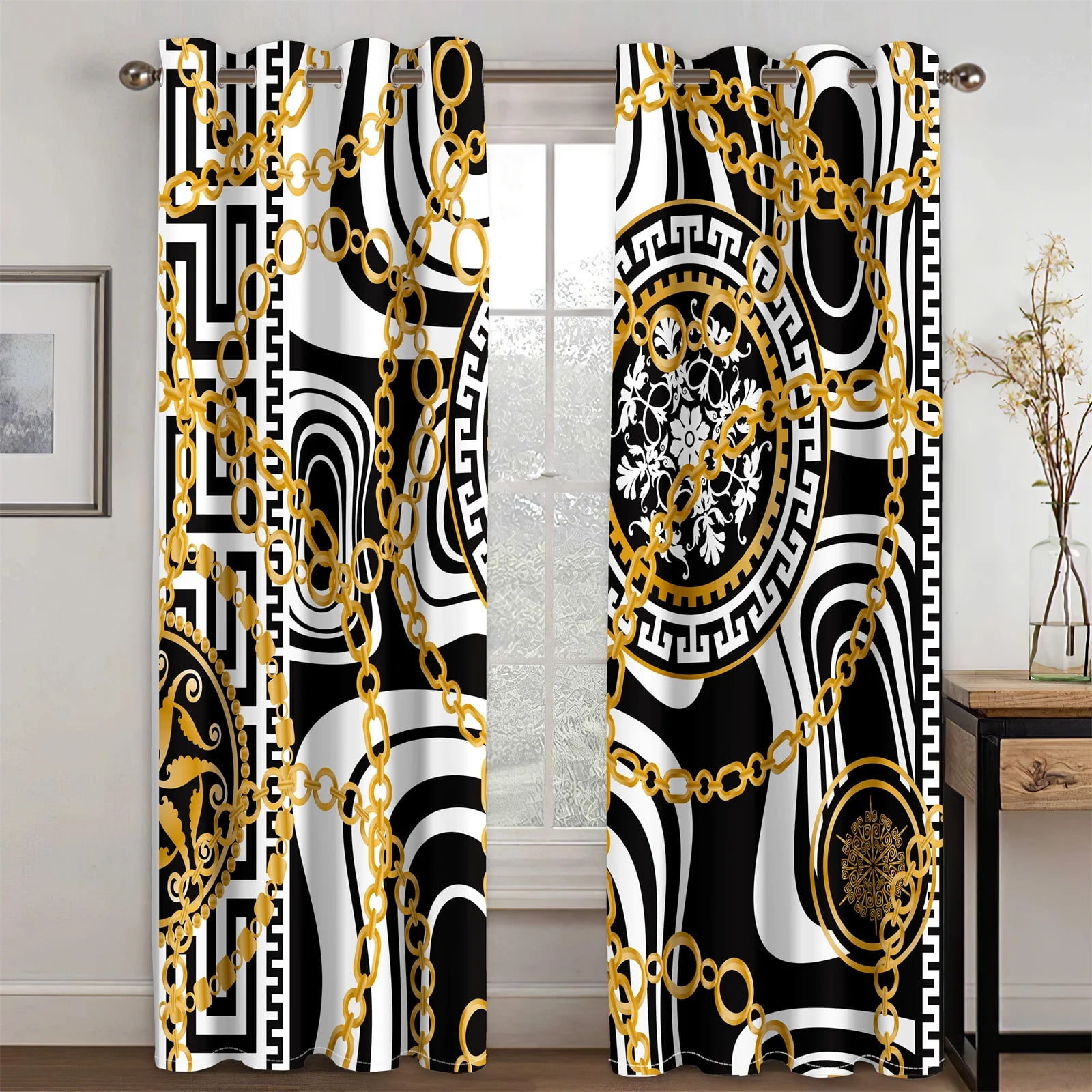 2Panels Luxe Living Curtain Black Gold Curtain Abstract Pattern Printed