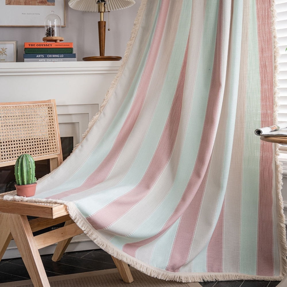 2Panels Set Pink And Green Striped Curtains Striped Curtains Rod Pocket Curtain 52" W x 84" L