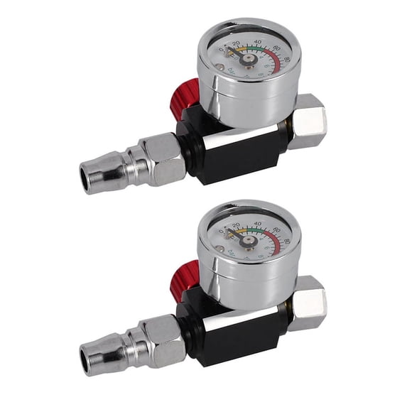 2Pc 1/4 Inch Mini Air Regulator Valve Tool Small Tail Pressure Gauge 48 x 60mm with Nozzle for Tool