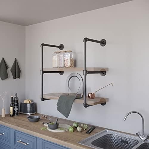 2Pc (28" Tall,12" deep,3/4") Industrial Wall Mount Iron Pipe Shelf Shelves Shelving Bracket Black DIY Bookshelf Storage Office Room Kitchen (2 Pcs 3Tier Hardware Only)