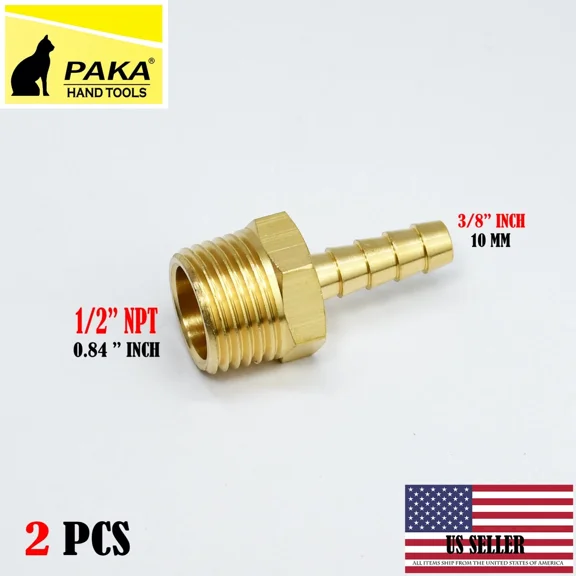 2Pc- 3/8" Hose Barb X 1/2 Male Npt Brass Pipe Fitting Npt Thread Gas Fuel Wate
