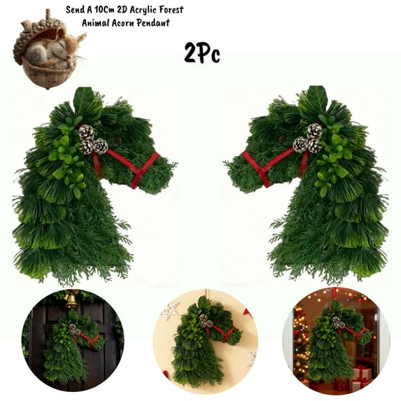 2Pc 40*40Cm Handmade Horse Head Christmas Wreath Pendant,Farmhouse Horse Head Christmas Wreath Ornament,Equestrian Door Decor Horse Christmas Decorations Handmade Horses Head Wreath For Front Door