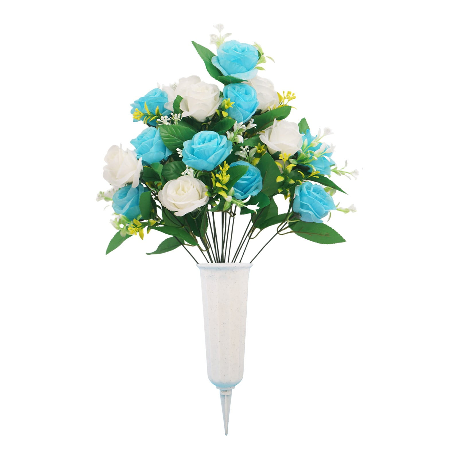 2Pc Artificial Cemetery Flowers, Grave Flowers with Plastic Vase Holder, All-Weather UV Resistant Blue & White Faux Roses, Outdoor Memorial Grave Decorations for Cemetery, Headstone, Yard Display