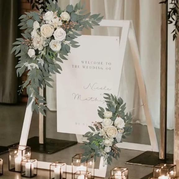 2Pc Artificial Flower Chair Back Decorations, Faux Floral Arrangements With Eucalyptus Leaves & White Blooms For Wedding, Party, Home Decor - Fake Bouquets For Chair Backs, Table