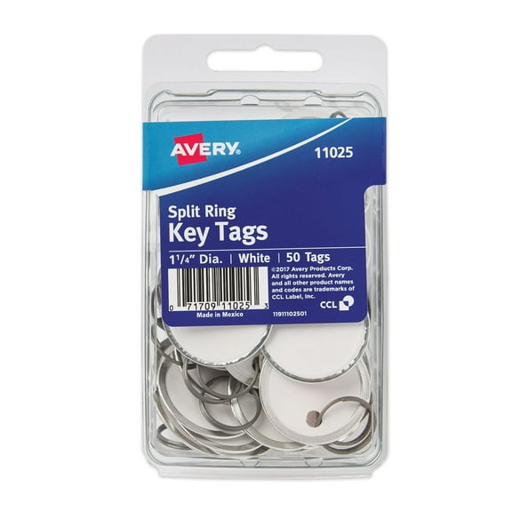 2Pc Avery Key Tags with Split Ring 1.25" dia, White, 50/Pack