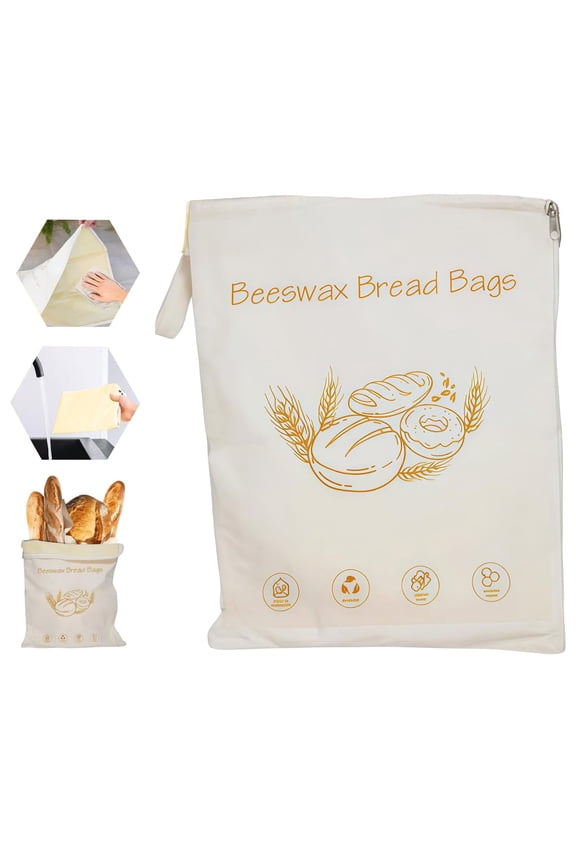 2Pc Beeswax Bread Bags,Wide Zipper Bread Storage Bags, Large Capacity Bread Keeper Bags, Portable Bread Storage Bags, Food Safe Reusable Bread Bags for Home Kitchen Baking Pantry Food Fresh Keeping