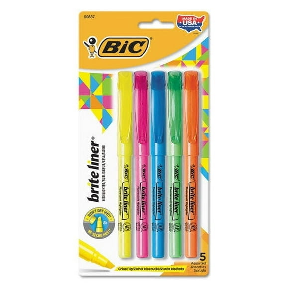 2Pc Bic Brite Liner Highlighter, Chisel Tip, Assorted Colors, 5-Set