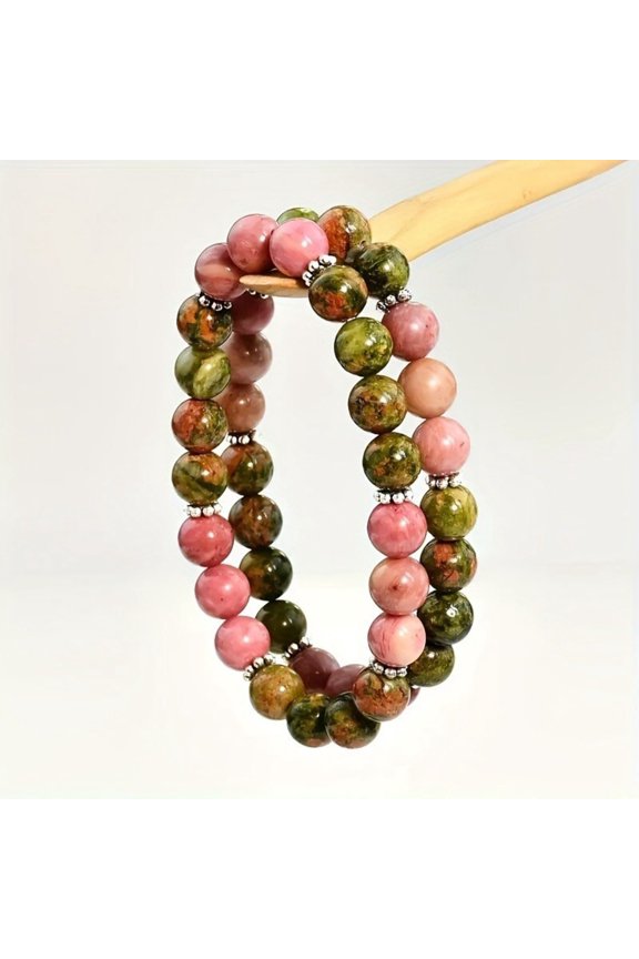 2Pc Bohemian Bracelet Set Green Flower Mahogany Pattern Natural Stone Beaded Unisex Jewelry