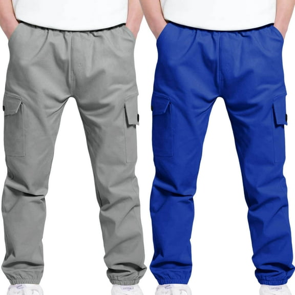 2Pc Boys Children's Cargo Pants Casual Multiple Pockets Elastic Waist Drawstring Sports Pants Exercise Athletic Outdoor Trousers Blue 6 Years